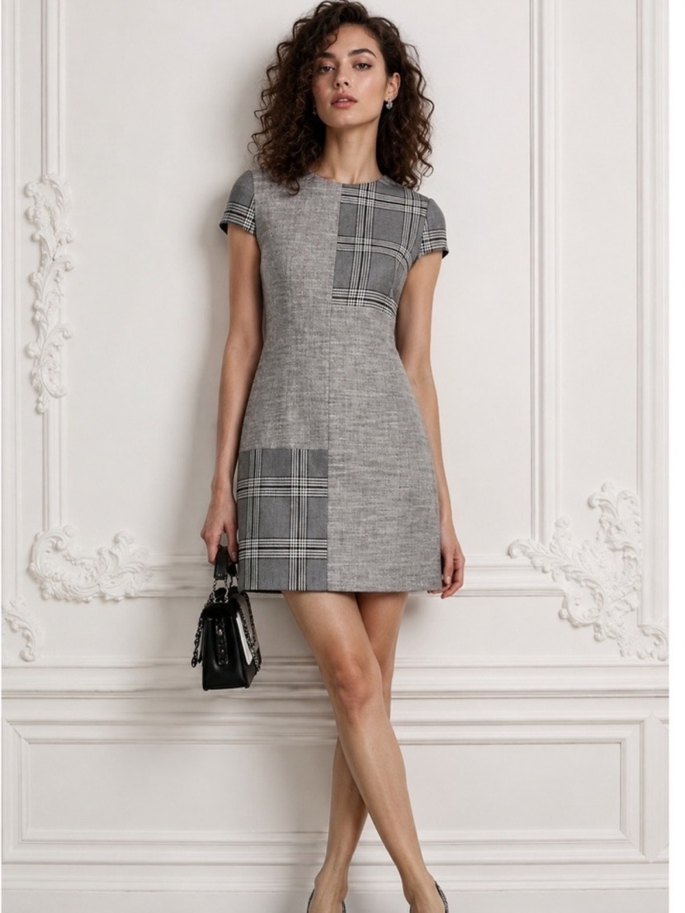 Alice + Olivia Coley Plaid Patchwork Short-Sleeve Shift Dress Size 6